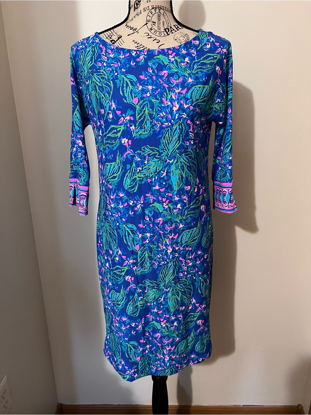 Lilly Pulitzer Marlow Dress XS Blue Pink Floral Butterfly 3/4 Sleeve Shift